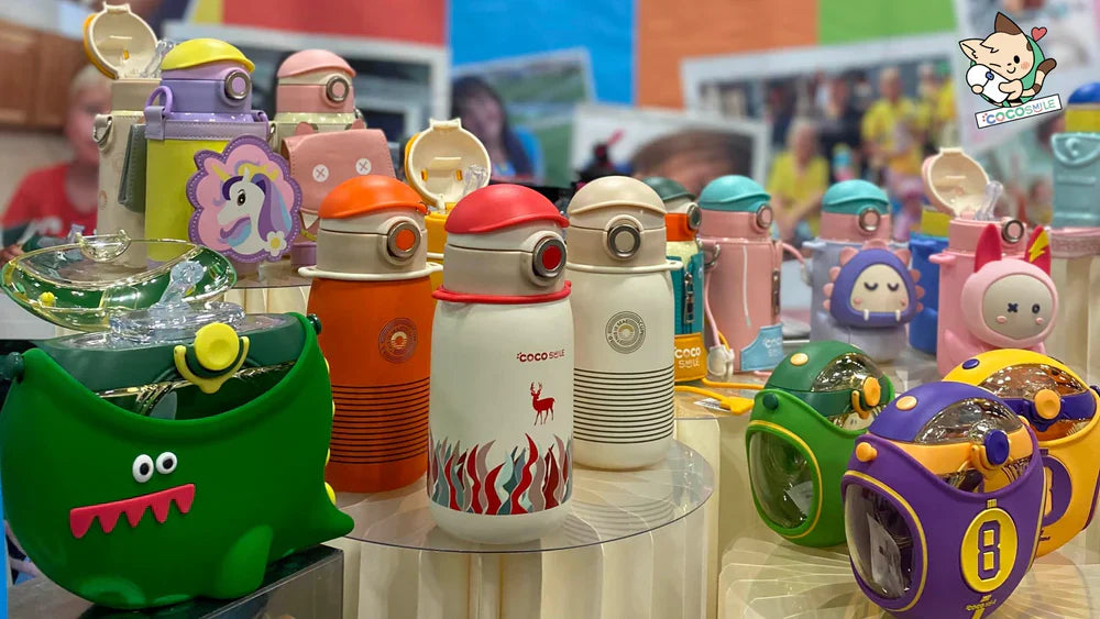 Cocosmile Cups water bottle collection in multiple colors and designs for kids and adults.