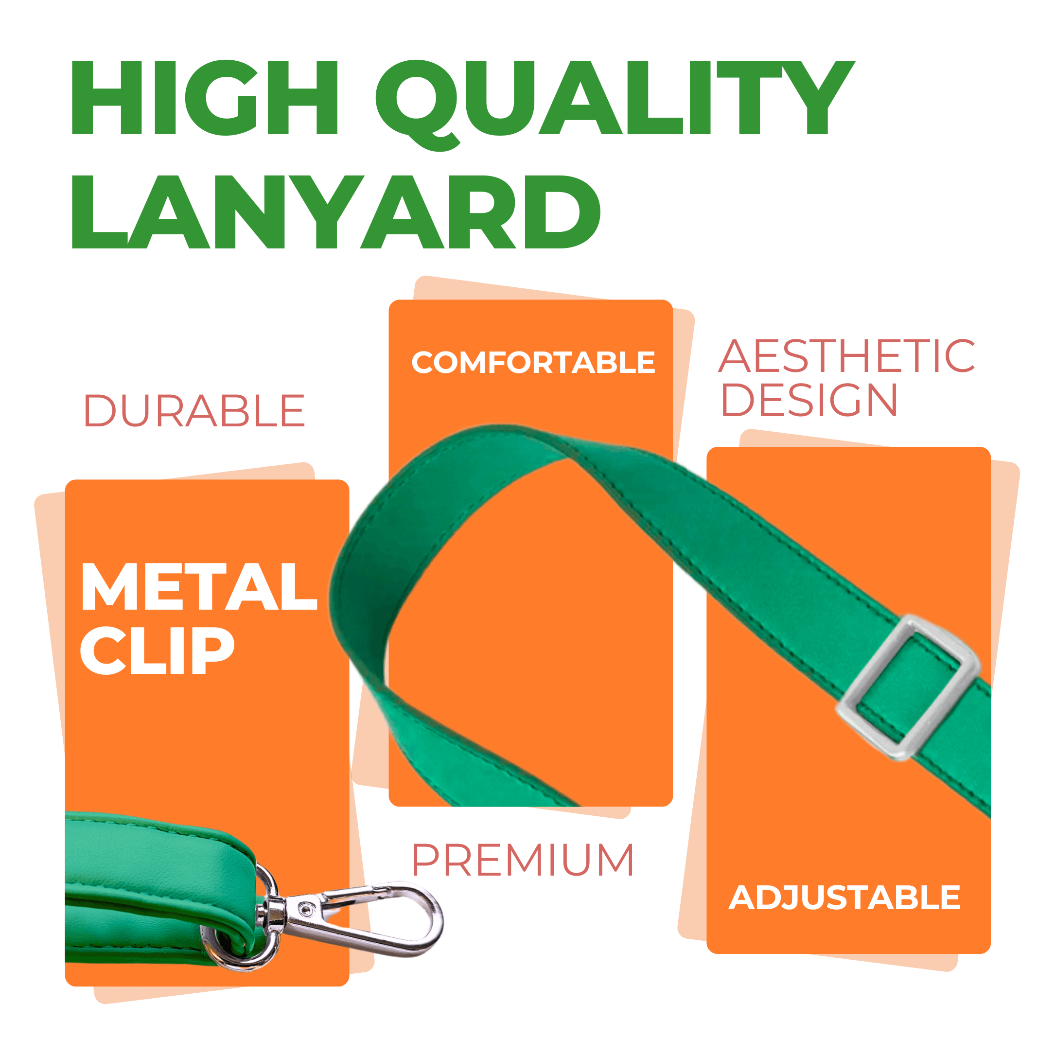 Green lanyard with metal clip on orange cards against a white background, highlighting features like durability and aesthetic design.