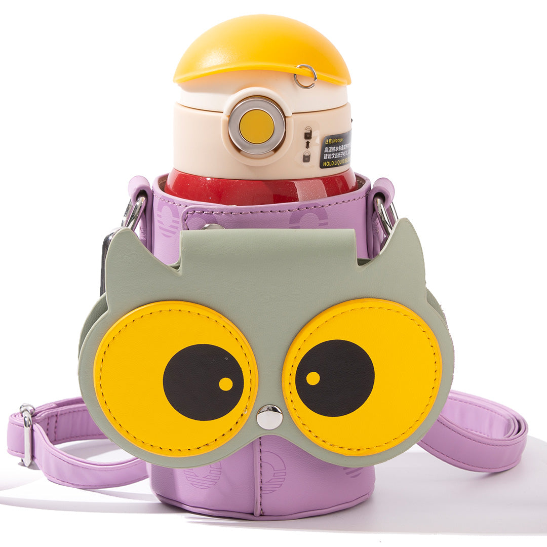 A cute owl-shaped water bottle carrier in lavender purple and light green, holding a water bottle with a yellow cap, on a white background.