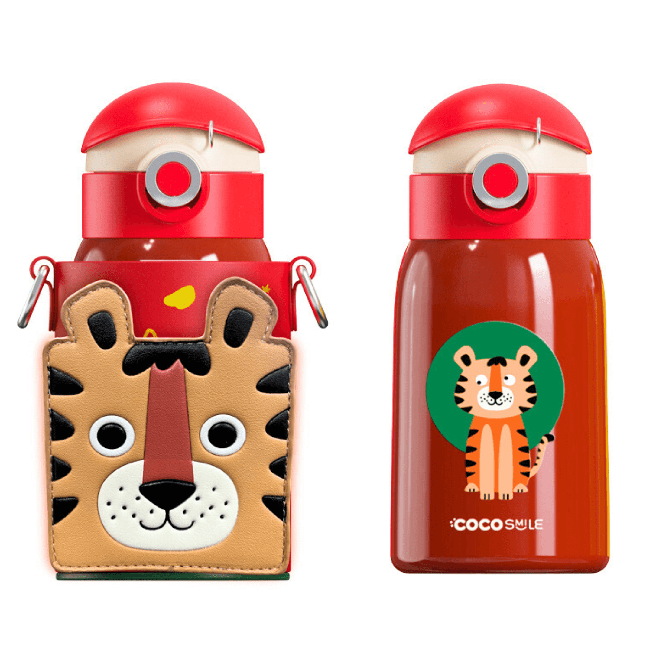 Two children's water bottles with tiger designs on a white background