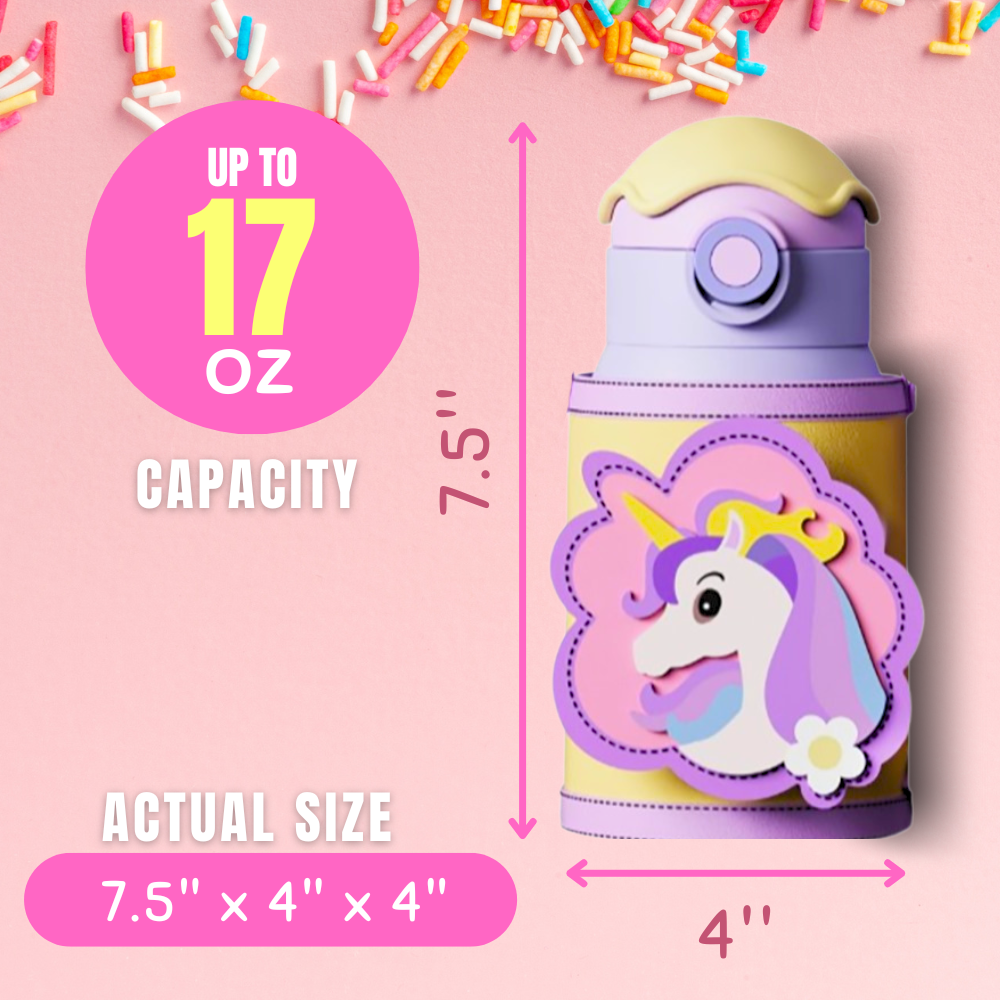 Unicorn Drinking Kids Insulated Water Bottle - Easy Open Button & Carrying Lanyard with Zipper Pouch - Stainless Steel Water Bottle for School Boys Girls