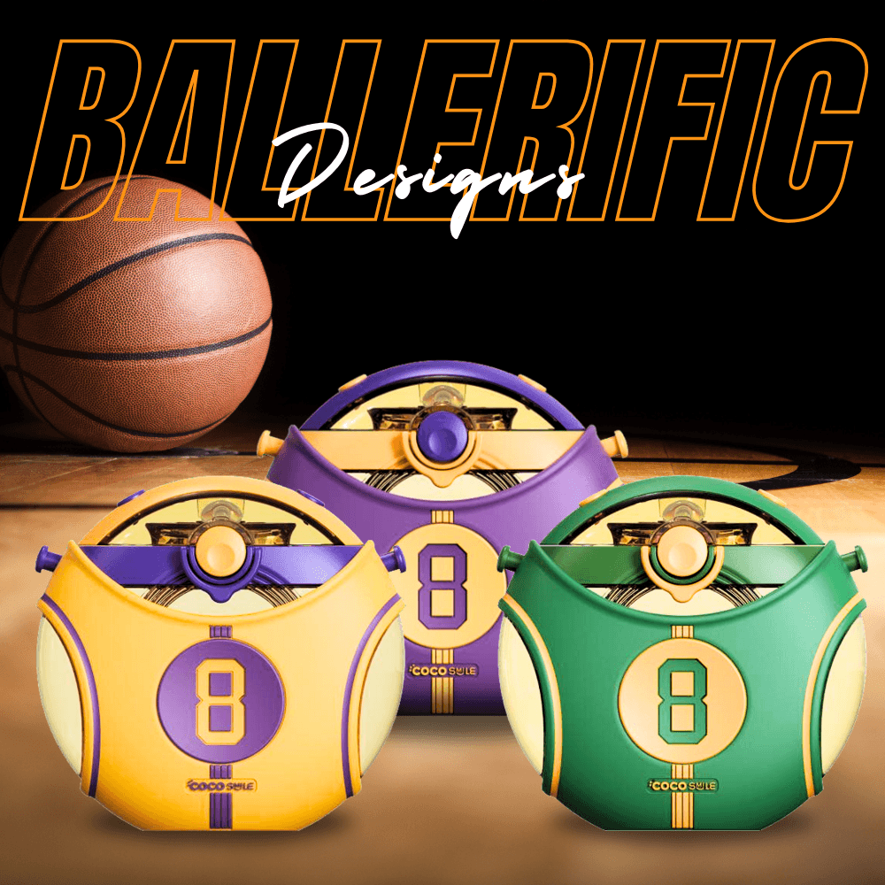 Green, yellow and purple Coco 8 Jersey Basketball Kids Water Bottles with Straw displayed together
