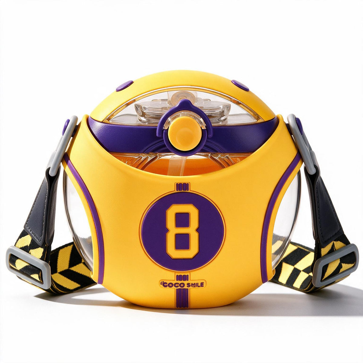 A yellow and purple coco-8-jersey-basketball-kids-water-bottle-with-straw backpack with a large number 8 on the front, black and yellow patterned shoulder straps, and a clear top window, shown on a white background.