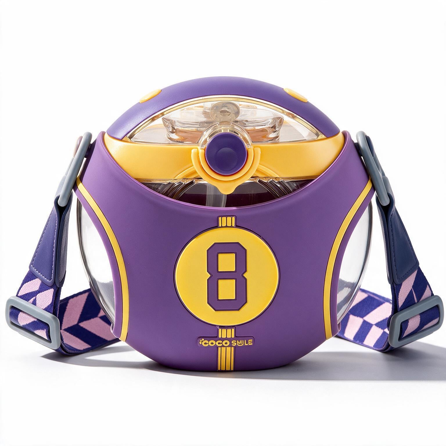 A purple and yellow CocoSmile water bottle designed like a sports helmet, featuring a large yellow number 8 on the front, clear plastic top, and patterned shoulder straps on a white background.