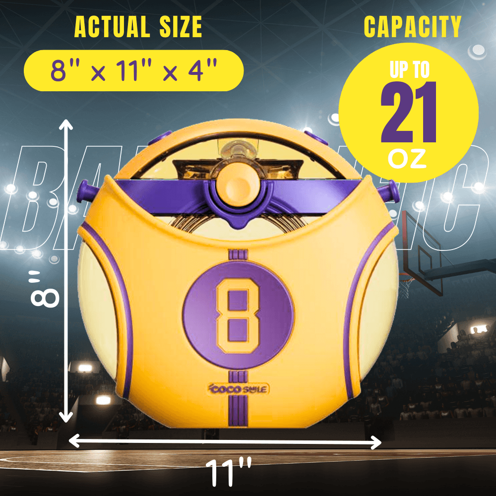 Yellow Coco 8 Jersey Basketball Kids Water Bottle with Straw showing up to 21 oz capacity and dimensions