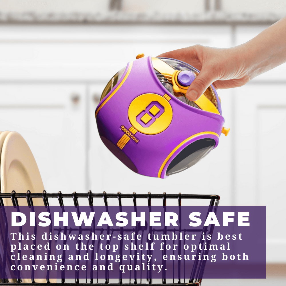 Purple Coco 8 Jersey Basketball Kids Water Bottle with Straw placed on the top rack of a dishwasher