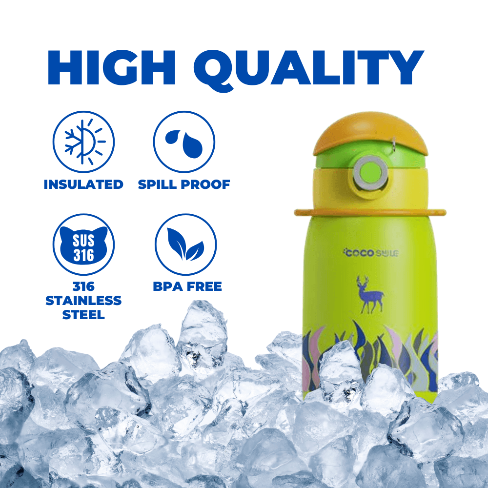 Green Coco Cap Deer Thermos Cup showing insulated, spill-proof and BPA-free features
