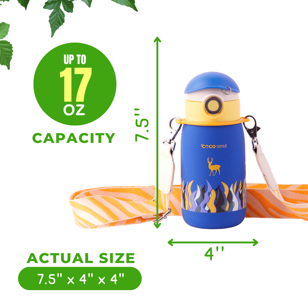 Coco Cap Deer Thermos Cup showing up to 17 oz capacity and approximate dimensions