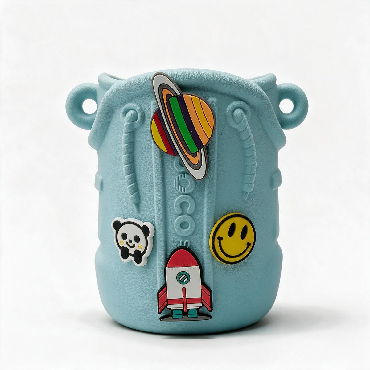 Light blue Cocosmile Charm Bottle Sleeve with planet, rocket and smiley charm designs