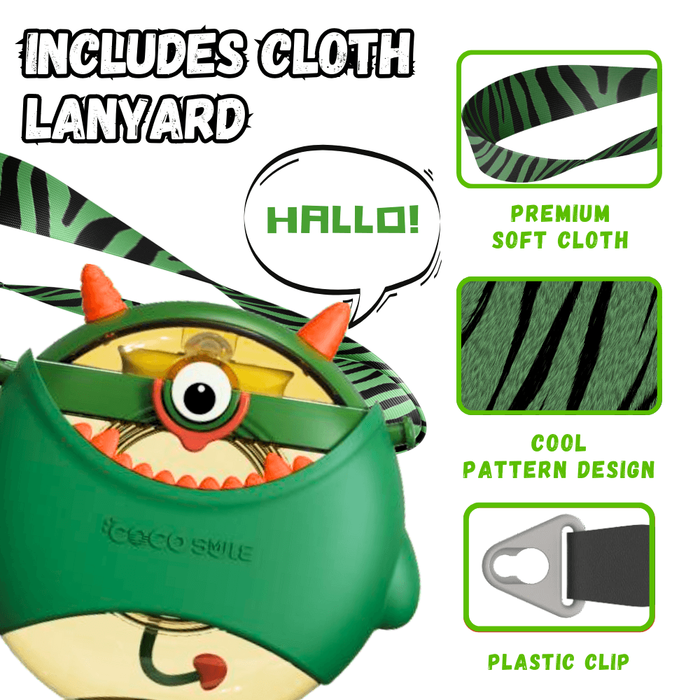 Green Coco Monster kids water bottle with soft cloth lanyard and plastic clip