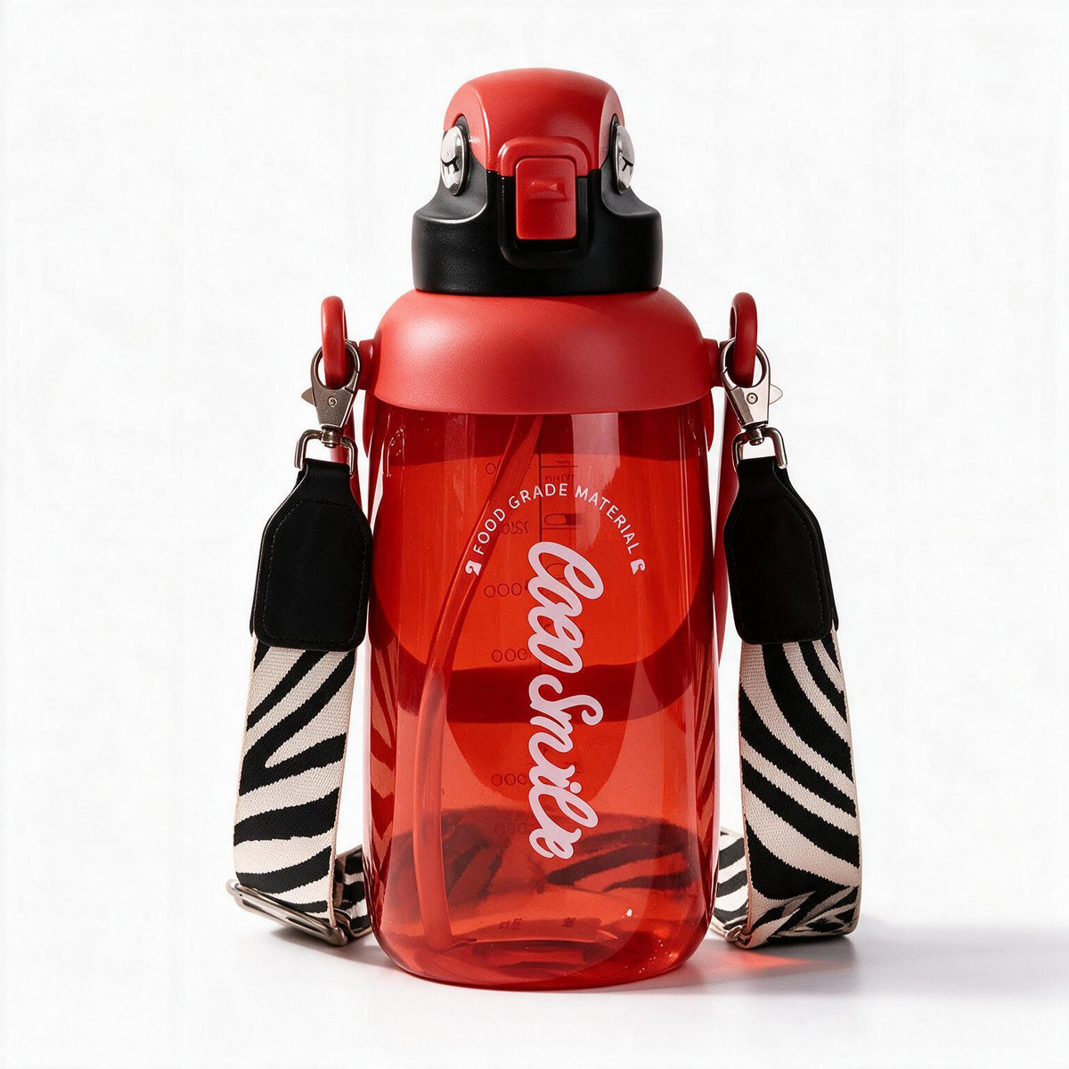 Coco Parrot 68 oz large red water bottle with straw, handle and cloth lanyard