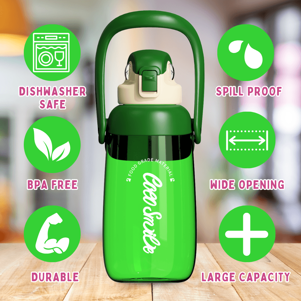 Coco Parrot 68 oz water bottle showing BPA-free, spill-proof, dishwasher-safe and wide-opening features