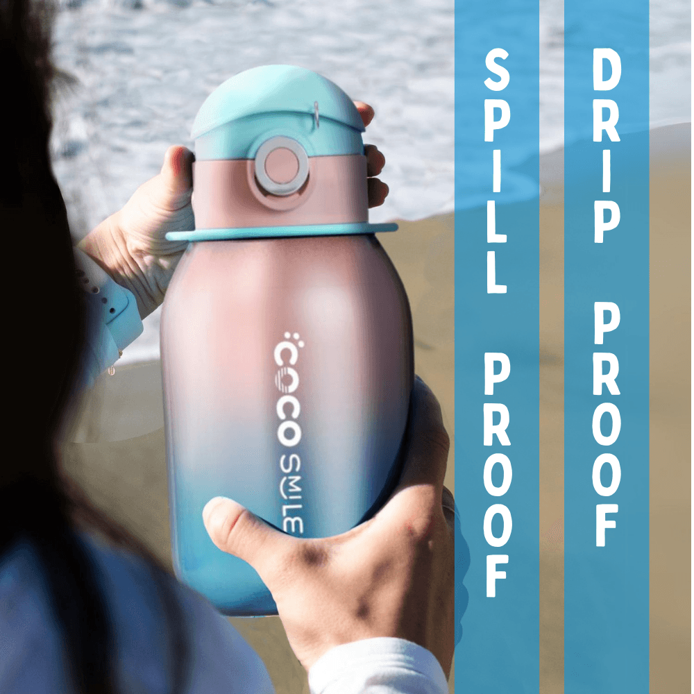 Pink and blue Coco Pearlescent water bottle with wide opening and spill-proof design