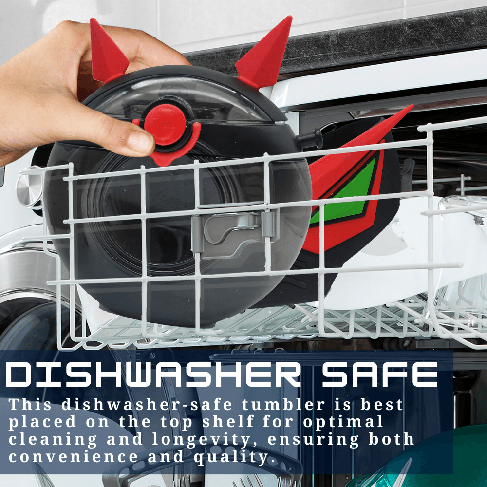 Black Coco Robot kids water bottle placed on the top rack of a dishwasher