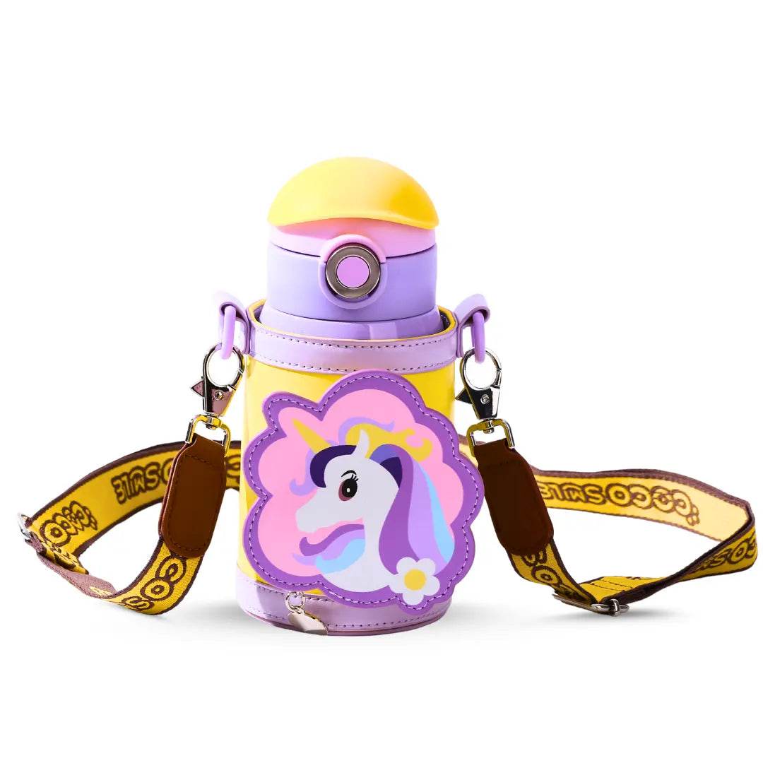 Unicorn Drinking Kids Insulated Water Bottle - Easy Open Button & Carrying Lanyard with Zipper Pouch - Stainless Steel Water Bottle for School Boys Girls.