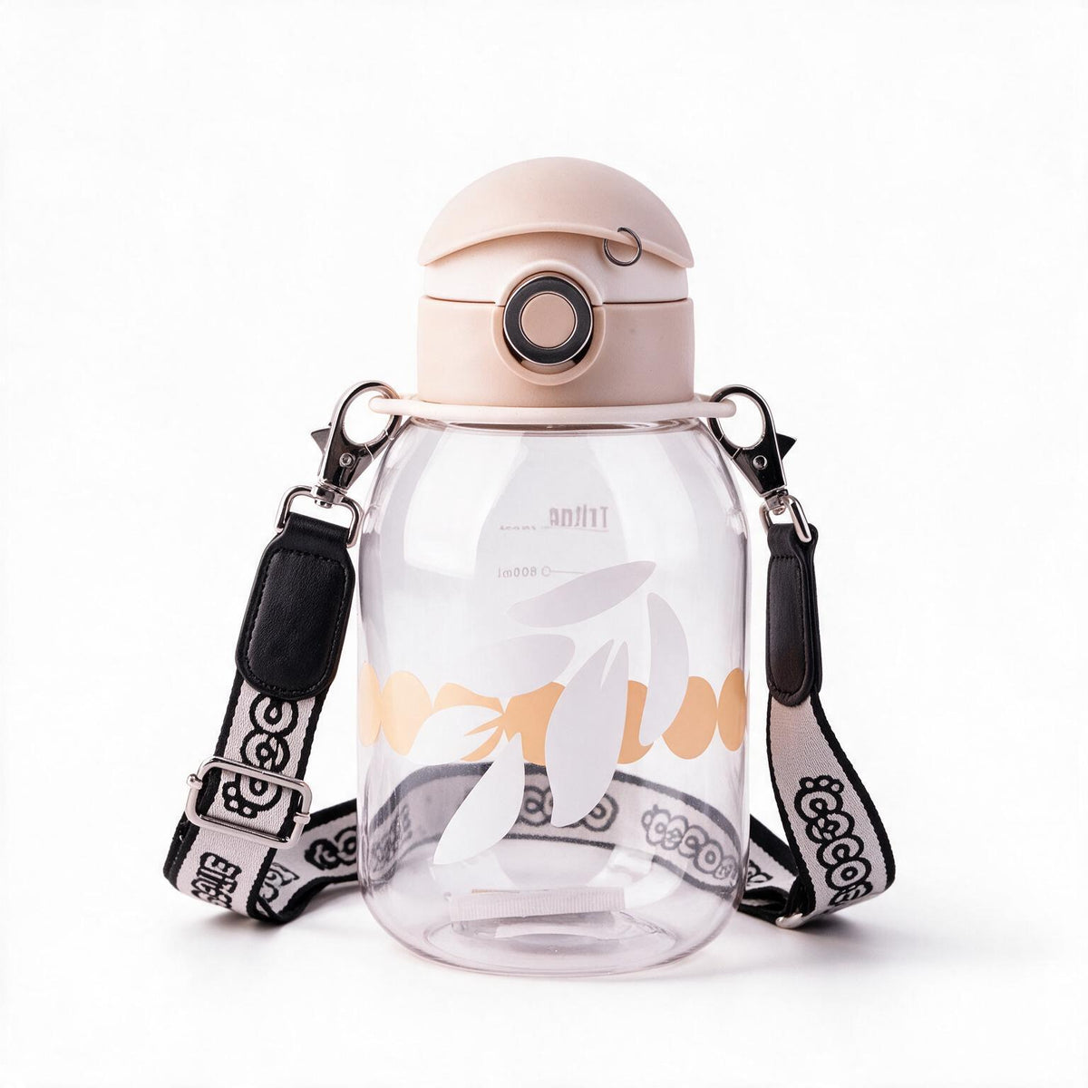 A clear plastic water bottle with a beige flip-top lid, a black-and-white patterned shoulder strap, and a white floral graphic on the front, shown on a white background.
