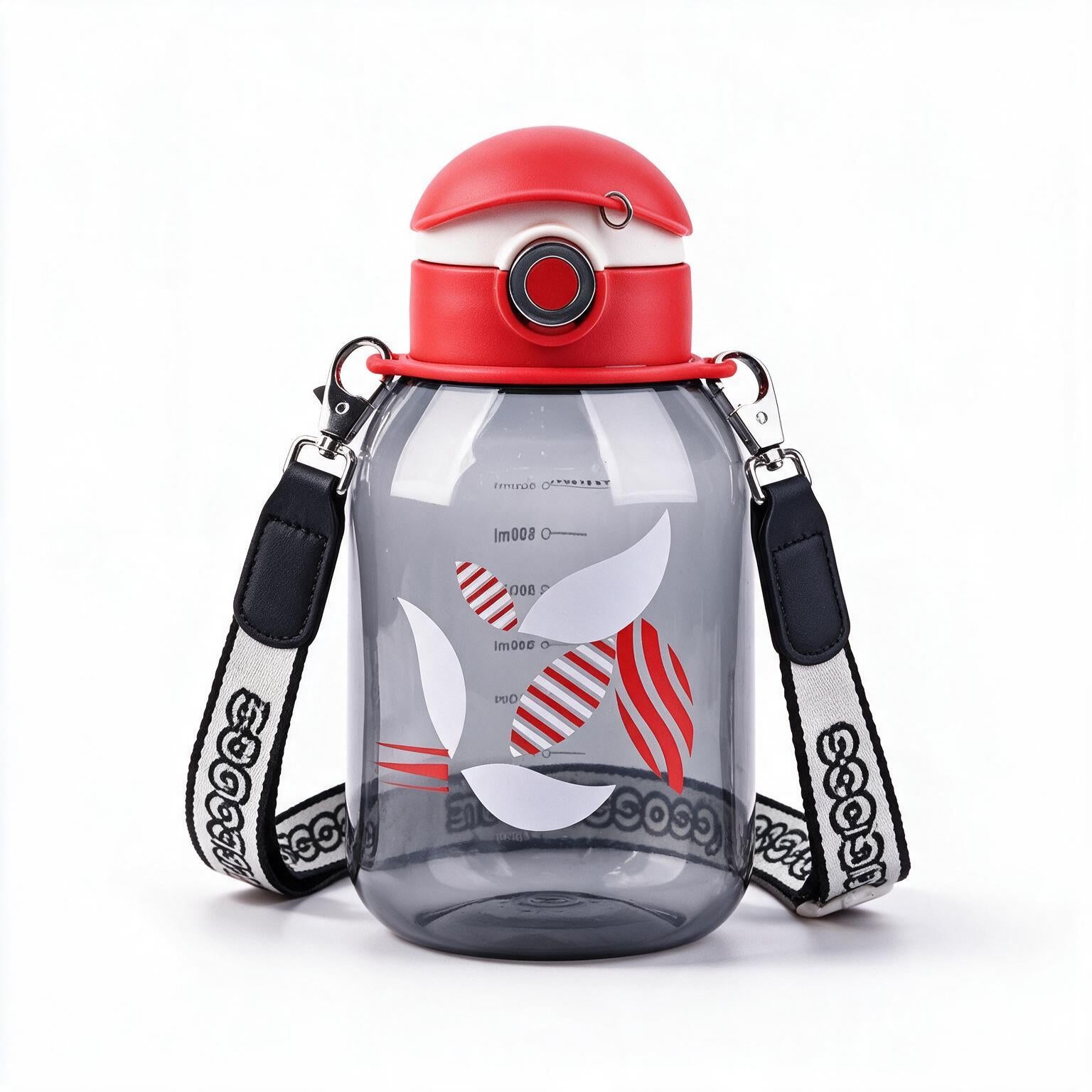 Cocosmile large clear water bottle with red lid and wide shoulder carrying strap