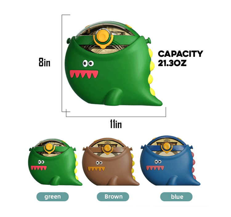 Green Dino-Rific dinosaur water bottle showing 21.3 oz capacity and approximate dimensions