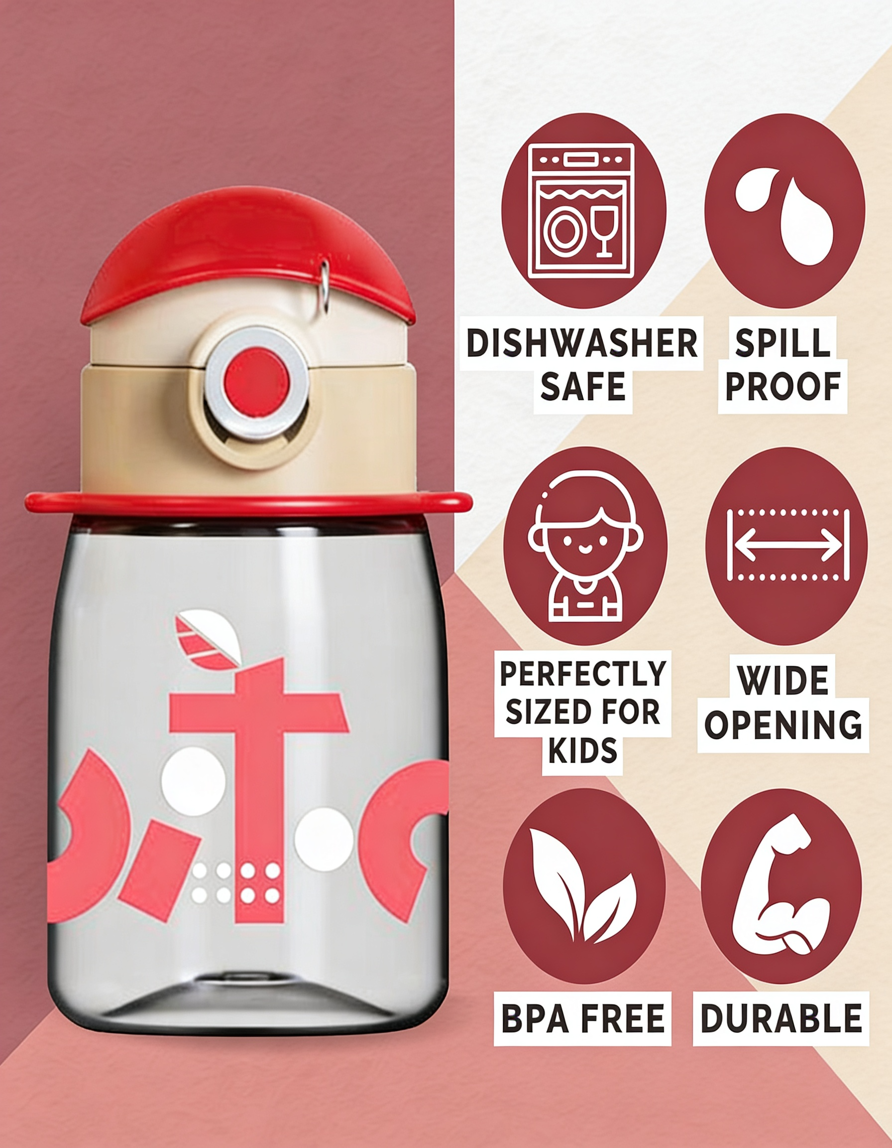 Coco Cap Exquisite Kids Water Bottle (15 oz) – Spill-Proof Straw Bottle with Lanyard, BPA-Free, Dishwasher Safe, Push-Open Lock Lid