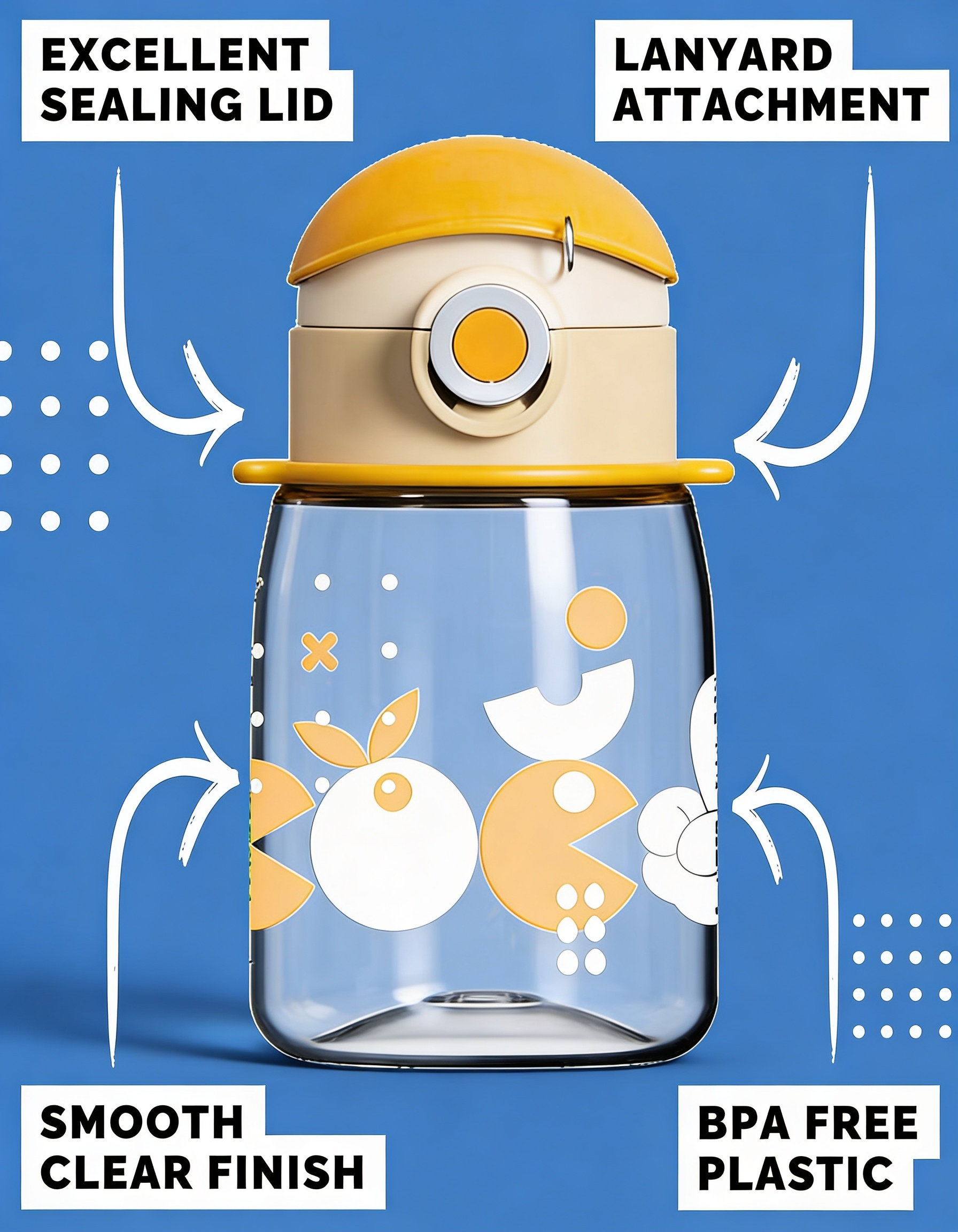 Coco Cap Exquisite Kids Water Bottle (15 oz) – Spill-Proof Straw Bottle with Lanyard, BPA-Free, Dishwasher Safe, Push-Open Lock Lid