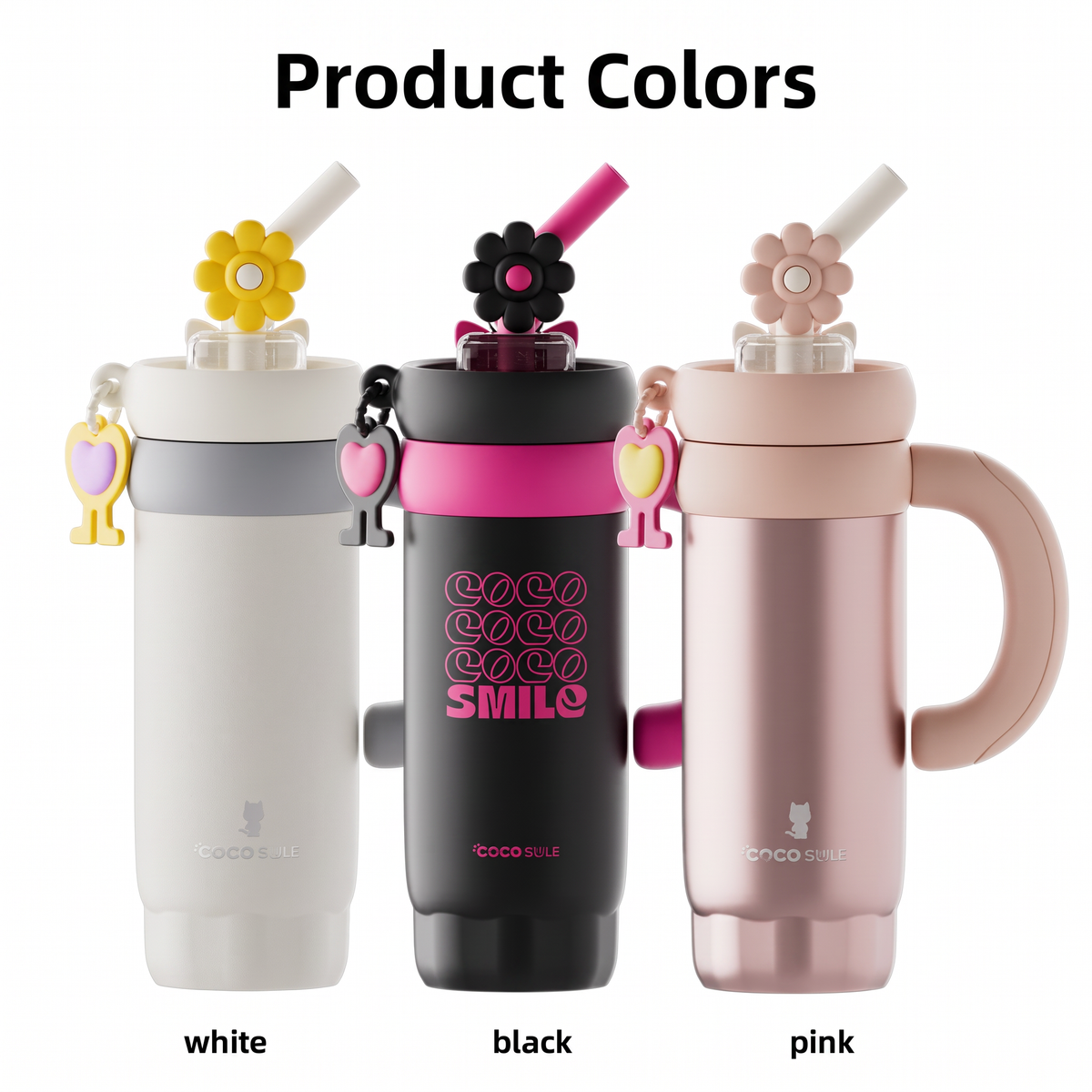 Three insulated tumblers labeled white, black, and pink under the heading 'Product Colors,' each with a flower-shaped straw and small charm, shown on a plain white background.