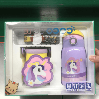 Unicorn Drinking Kids Insulated Water Bottle - Easy Open Button & Carrying Lanyard with Zipper Pouch - Stainless Steel Water Bottle for School Boys Girls.