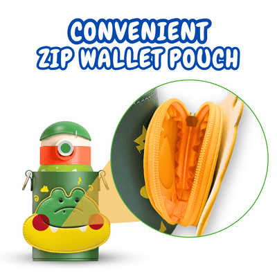 Colorful zip wallet pouch with a cartoon character design on a white background.