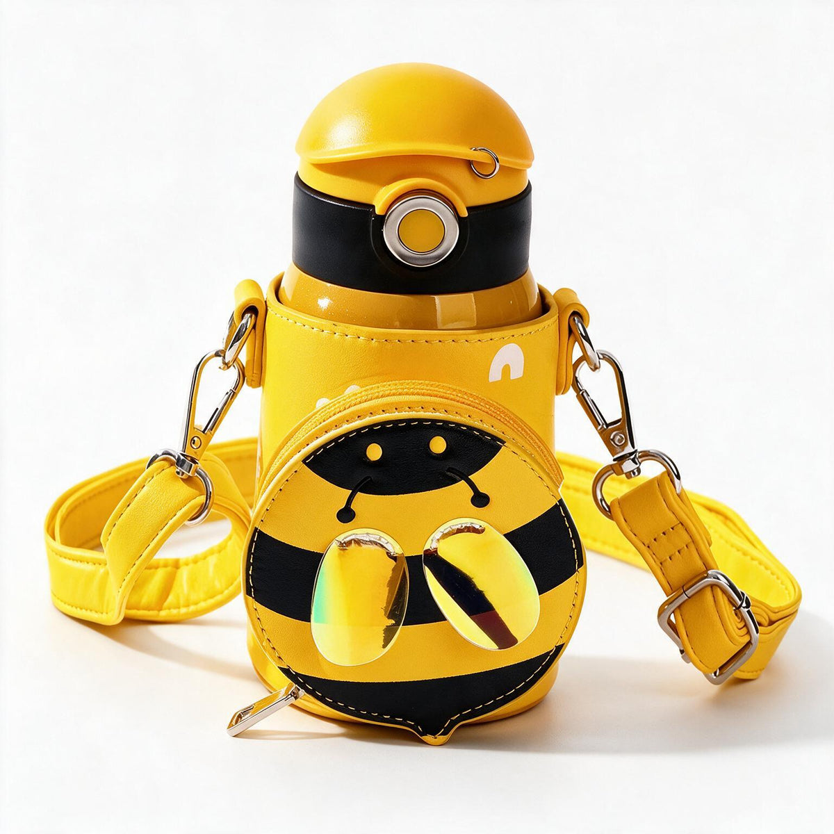 A yellow and black bee-themed water bottle with a matching cylindrical pouch and shoulder strap, styled like a cartoon character, on a clean white background.