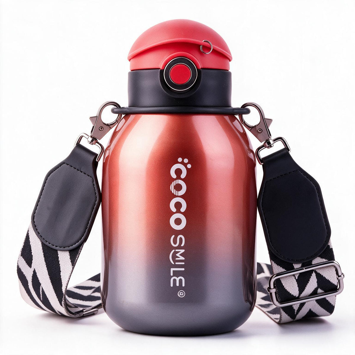 A gradient water bottle with a red-to-black color transition, featuring a red flip-top lid, a black collar, and a patterned black-and-white shoulder strap. The brand name 'COCO SMILE' is printed vertically on the front.