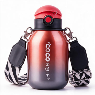 A gradient water bottle with a red-to-black color transition, featuring a red flip-top lid, a black collar, and a patterned black-and-white shoulder strap. The brand name 'COCO SMILE' is printed vertically on the front.