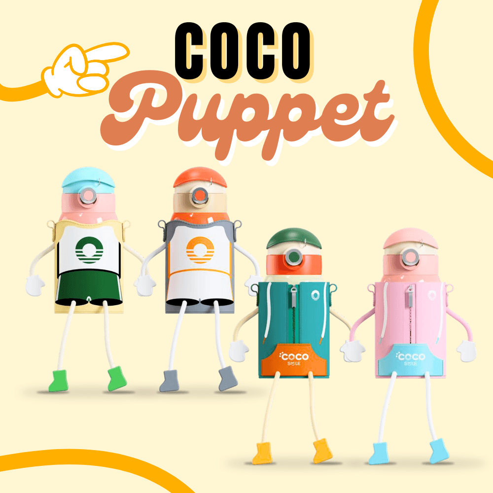 Four colorful puppets with 'Coco Puppet' branding on a beige background