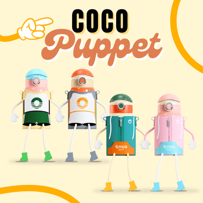 Four colorful puppets with 'Coco Puppet' branding on a beige background