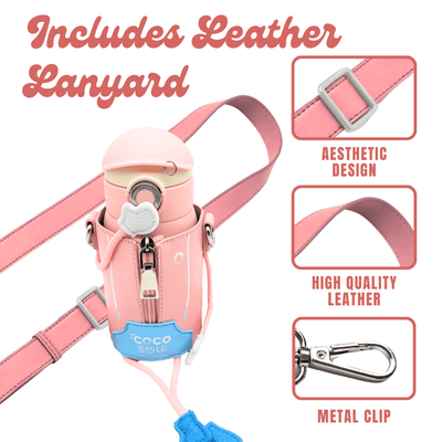 Pink dog leash with accessories on a white background, featuring text about included items.