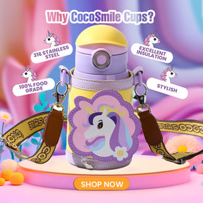 Unicorn Drinking Kids Insulated Water Bottle - Easy Open Button & Carrying Lanyard with Zipper Pouch - Stainless Steel Water Bottle for School Boys Girls