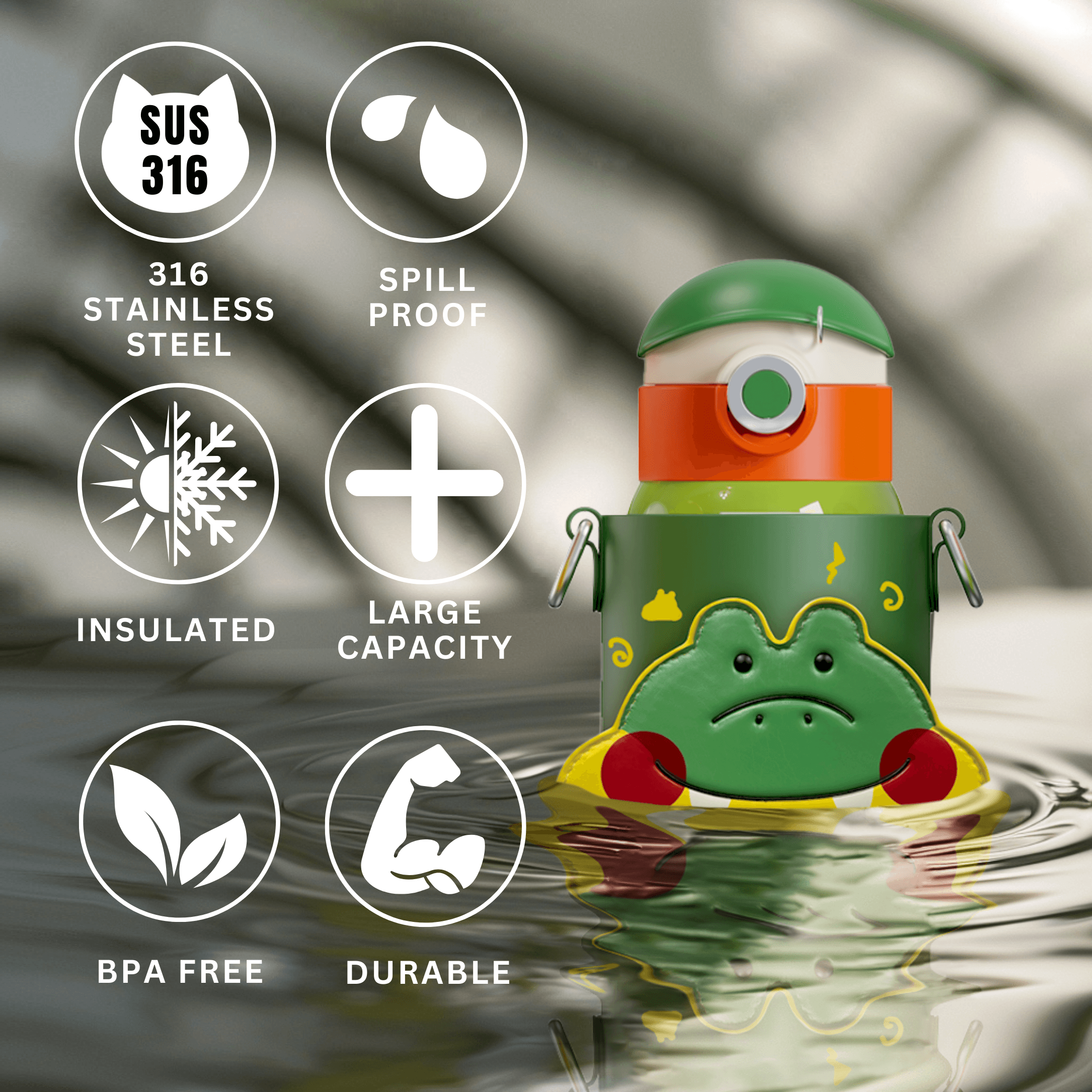 Children's frog-shaped water bottle with features listed on a blurred water background