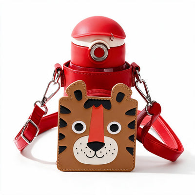 A red water bottle with a matching red shoulder strap and a brown tiger-face pouch attached in front, photographed on a clean white background.
