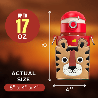 Red water bottle with lion design and measurements on a brown background