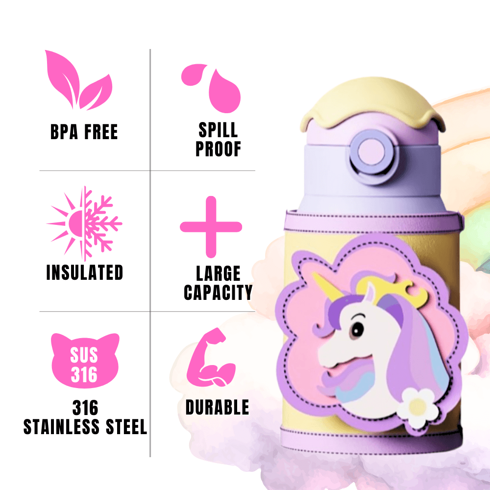 Unicorn Drinking Kids Insulated Water Bottle - Easy Open Button & Carrying Lanyard with Zipper Pouch - Stainless Steel Water Bottle for School Boys Girls.