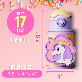 Unicorn Drinking Kids Insulated Water Bottle - Easy Open Button & Carrying Lanyard with Zipper Pouch - Stainless Steel Water Bottle for School Boys Girls