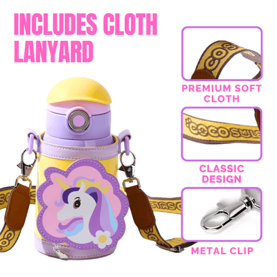 Unicorn Drinking Kids Insulated Water Bottle - Easy Open Button & Carrying Lanyard with Zipper Pouch - Stainless Steel Water Bottle for School Boys Girls.