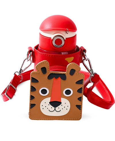 Coco Lion insulated water bottle for kids with fierce lion design, stainless steel construction, and carry lanyard.