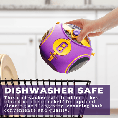 Purple Coco 8 Jersey Basketball Kids Water Bottle with Straw placed on the top rack of a dishwasher