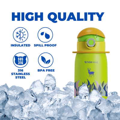 Green Coco Cap Deer Thermos Cup showing insulated, spill-proof and BPA-free features