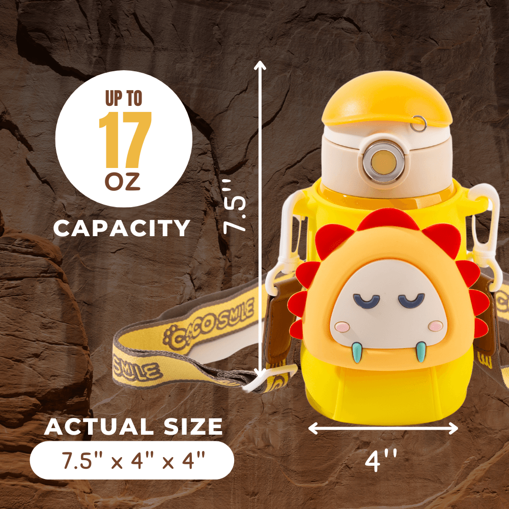 Yellow Coco Cap Squeaker water bottle showing up to 17 oz capacity and approximate dimensions