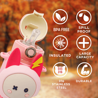 Pink Coco Cap Squeaker bottle showing 316 stainless steel, insulation and spill-proof features
