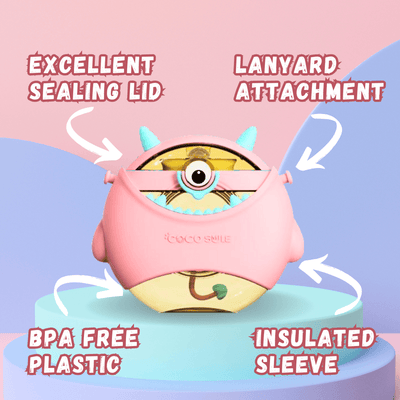 Coco Monster kids water bottle with insulated sleeve and character design