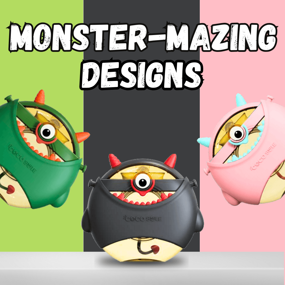 Green, pink and dark Coco Monster round kids water bottles displayed together