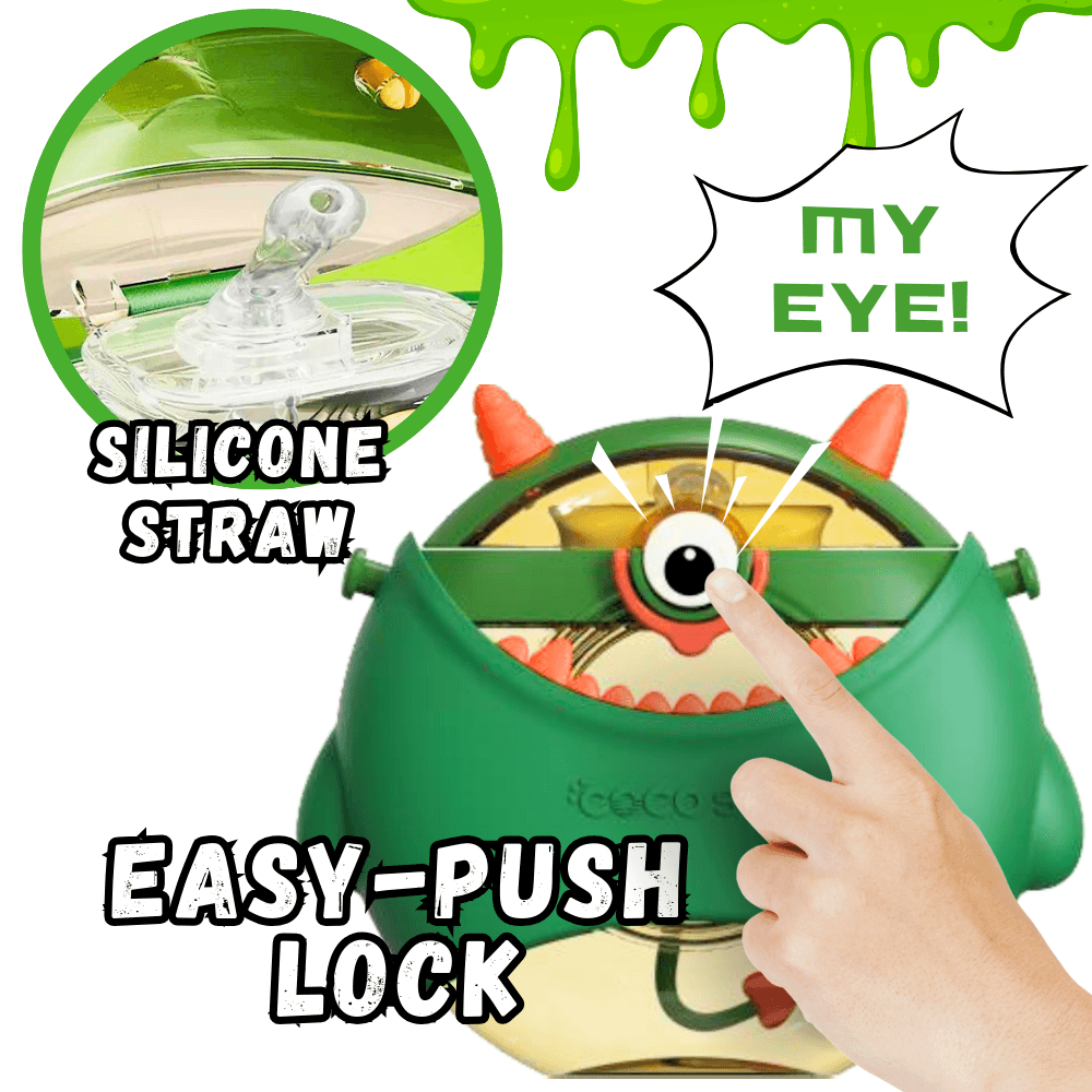 Green Coco Monster water bottle with silicone straw and easy-push lock