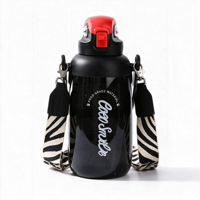 Coco Parrot 68 oz large black water bottle with straw, handle and cloth lanyard