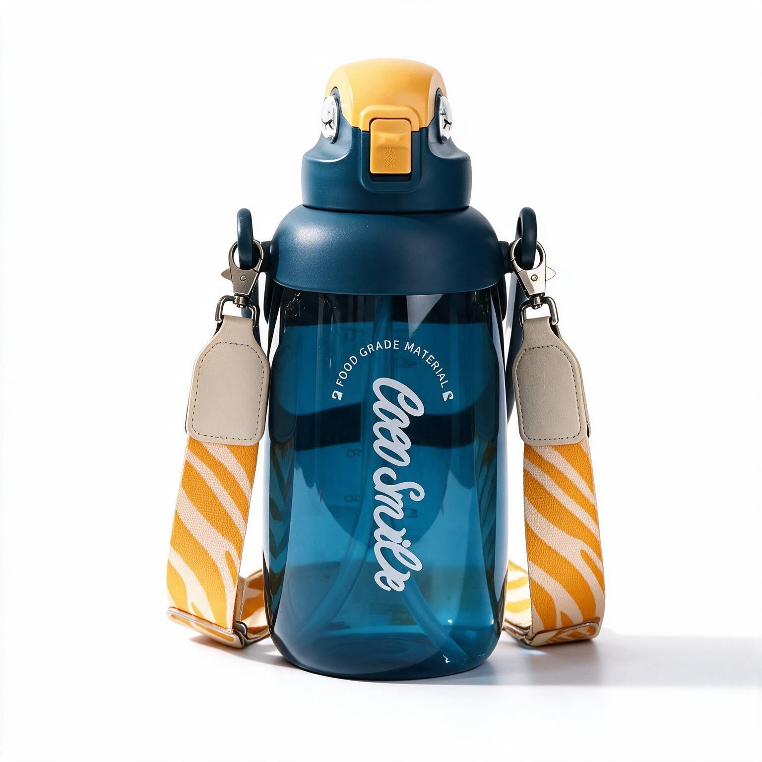 Coco Parrot 68 oz large blue water bottle with straw, handle and cloth lanyard